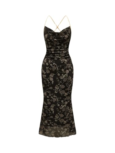 SOLY HUX Women's Floral Mesh Bodycon Cami Dress Cowl Neck