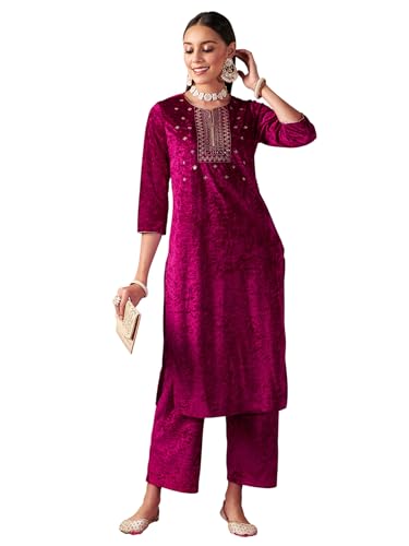 Image of Women's Velvet Floral Embroidered Straight Kurta | Round Neck Three-Quarter Sleeve Calf Length Kurti with Thread Work