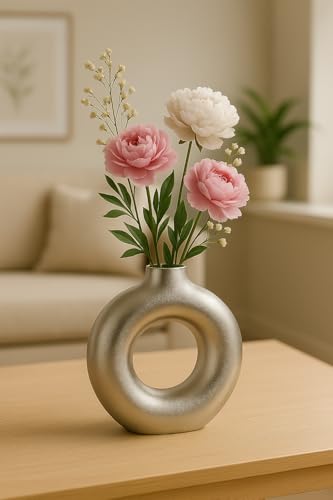 Image of Amazon Basics Artisan Crafted Ceramic Donut Shaped Vase for Unique Home Decor (9L cm x 4W cm x 16H cm) - Pack of 1, Silver