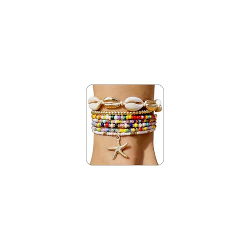 Image of 7 Pack Boho Beaded Shell Anklet Bracelets for Women Colorful Stretch Cowrie Seashell Starfish Ankle Bracelet Stack Adjustable Summer Beach Accessories Cute Hawaiian Jewelry