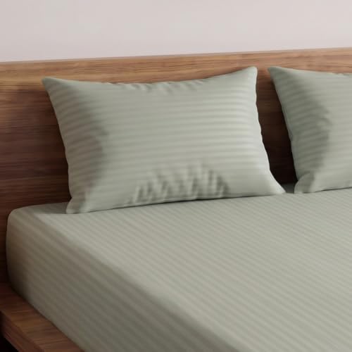 Image of Home Sizzler Microfibre Light Green Satin Stripe Elasticated Fitted King Bedsheet (72x78 Inches) with 2 Pillow Covers