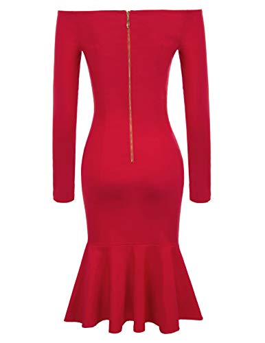 Women's Off Shoulder Mermaid Dress Retro 1950s Style Long Sleeve Formal Pencil Dress, Red, Medium