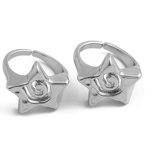 GIGB PBDK Silver Hollowed Star Knuckle Joint Rings, Shiny High Polished Stainless Steel Pentagram Lucky Promise Ring, Trendy Punk Hip-Hop Jewelry for Women