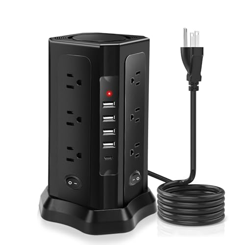 Power Strip Tower, Charging Tower for Multiple Devices, 16.5FT Surge Protector Tower with 12 AC Outlets 5 USB Ports (1 USB C) Overload Protection for Home Kitchen Dorm Office Desk (black-16.5ft)