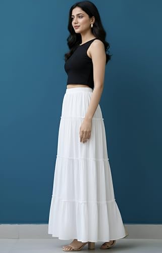 Image of Women's Rayon Full Length Maxi Skirt | Solid Black & White Regular Fit Skirt with Elasticated Waistband and Drawstring