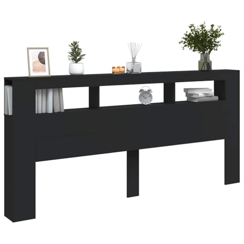 Cabecero con LED de madera negra 220cm con estantería integrada 6