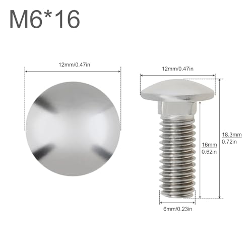 Image of 20pcs M6x16mm Carriage Bolts Screws, 304 Stainless Steel, Round Head, Square Neck, Fully Threaded m6x16mm 20pcs (M6*16)