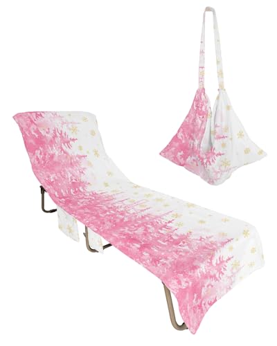 Pink Christmas Tree Beach Lounge Chair Towel Cover, Soft Chaise Lounge Towel with Side Pockets Patio Pool Chairs Cover for Beach/Pool Sunbathing 29x85 Xmas Tree Forest Yellow Winter Snowflake