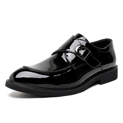Men's Patent Leather Dress Low Heel Loafers Pointed Toe Monk Buckle Comfortable Slip On Casual Business Shoes for Work Driving Daily