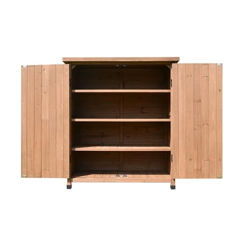 Caja de almacenamiento para exteriores, armario de jardín de madera con parte superior galvanizada y almohadillas ajustables para patio y porche