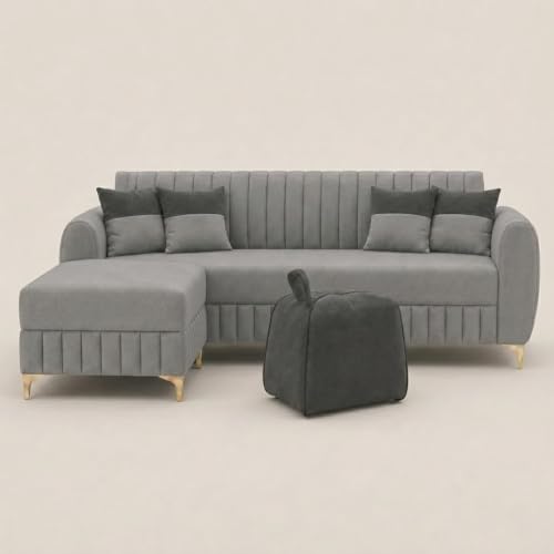 Image of CASASTYLE Signature Velour 4-Seater L-Shape Sofa Set with Movable Ottoman & Suri Pouf | Flexible LHS /RHS Layout | Boston Fabric | 40D Foam + Zigzag Spring | 3-Yr Warranty (Light Grey, Ash Grey)
