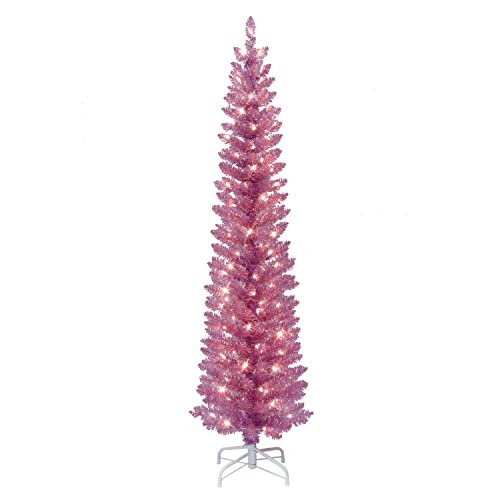 Puleo International 6 ft Pre-Lit Pink Tinsel Artificial Tree 250 Tips 100 Clear Lights