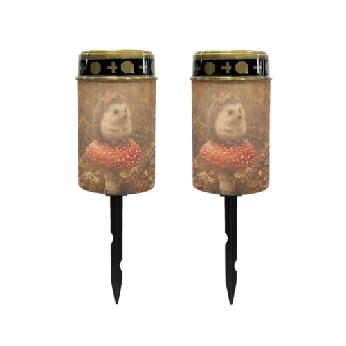 Image of Poceacles Solar Pathway Lights Outdoor Grave Solar Lights Outside Waterproof Cemetery Flameless Candles Outdoor Grave Candle Markers Eternal Decor, Hedgehog Mushroom Forest Print, Set of 2