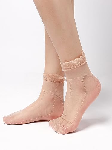 Image of OYOANGLE Women's 8 Pairs Mesh Lace Socks Lightweight Transparent Novelty Crew Socks Black Beige One Size