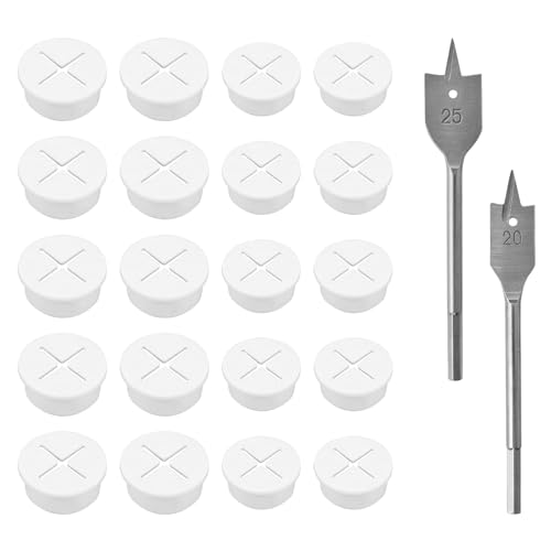 Neikafan Cable Grommet White Flexible 20 Pcs Desk Cable Hole Cover Rubber Grommets 20mm 25mm with 2 Pcs Drill Bit for Office Home Computer Desk Cable Management Grommet Tidy Wall Hole Cover