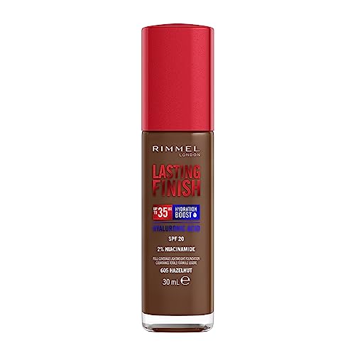 Rimmel Lasting Finish 35Hr Foundation 605 Hazelnut, Full Coverage, Hydrating, SPF20, Hyaluronic Acid, Vitamin E