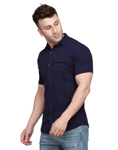 Image of Men's Half Sleeve Shirt - Spread Collar Casual Shirt with Double Flap Pockets - Slim Fit Cotton Blend Button-Down
