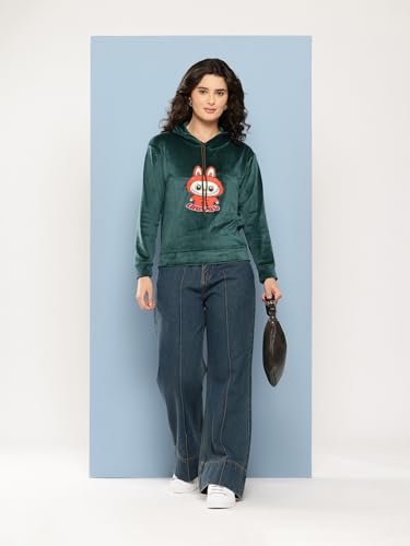 Image of Aarika Womens Winter Wear Green Colour Printed Velvet Hoodie