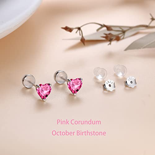 Heart Birthstone Stud Earrings For Women Girls, 18K White Gold Plated S925 Sterling Silver Pink Gemstone Earrings Heart Pink Corundum October Birthstone Stud Earrings For Women Girls Birthday Jewelry #TOP2