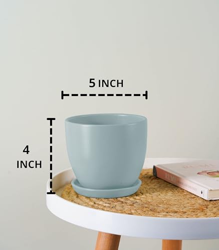 Image of Nurturing Green Set of 2 Modern Mint Green Ceramic Pots for Indoor Plants | Flower Pots for Home Decor(Size: 5 Inch Wide | Comes with Bottom Plate) - [Plants are not Included]