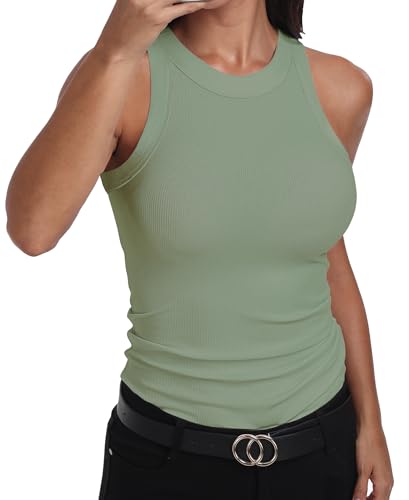 GEMBERA Womens Sleeveless Racerback High Neck Basic Ribbed Knit Fitted Tank Top Sage Green M