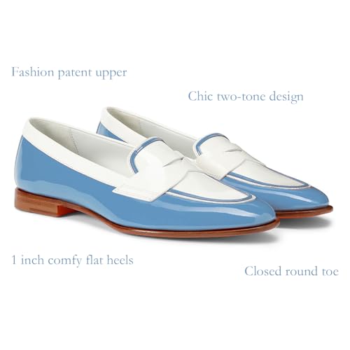 Image of Women Patent Slip On Loafer Flats Two Tone Round Toe Flat Heel Penny Loafers Casual 1 inch Low Heel Loafer Dress Shoes Oxford Comfort Chic Colorblock Office Ladies 4-11 M US