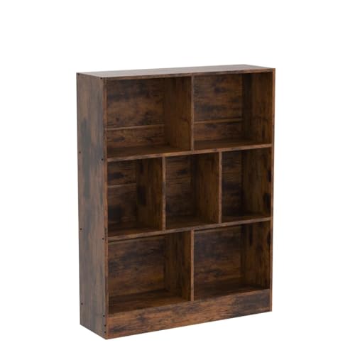 LEYAOYAO 7 Cube Bookshelf with Base,3 Tier Mid-Century Modern Brown Bookcase,Standing Wide Bookshelves Storage Organizer Shelf,Rustic Wood Display Cabinet Book Shelves for Bedroom,Living Room,Office