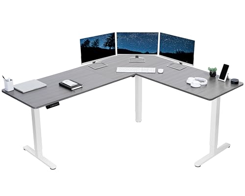 VIVO Electric Corner 75 x 63 inch L-Shaped Standing Desk, Memory Height Adjustment, Dark Gray Top White Frame, DESK-E3CTWG-75