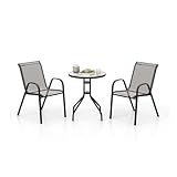 GOPLUS Juego de 3 Muebles de jardín con 2 sillas de textileno, Able de Cristal Templado, Conjunto de Muebles de Bistrios jardín, 3 Piezas con Marco metálico, para jardín y terraza (Gris)