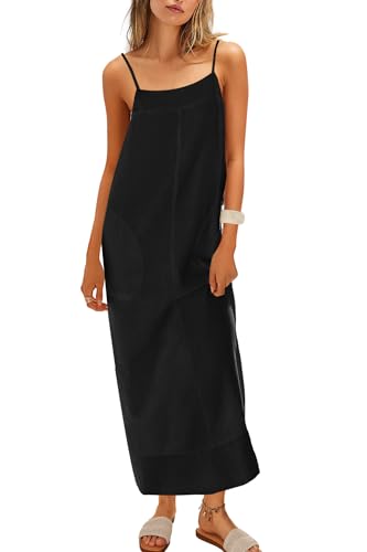 ReachMe Womens Linen Maxi Dress Summer Spaghetti Strap Long Dresses Square Neck Sleeveless Backless Dress with Slit2