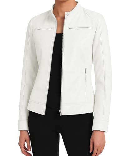 J'Jackin Genuine Lambskin White Leather Jacket Women - Biker Style Womens Leather Jackets | Ddge White, XXL