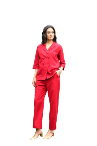 Women's Red Solid Cotton Flex Co-Ord Set
