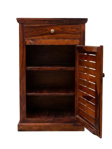 Image of Solid Sheesham Wood Shoe Rack with Door & Drawer Storage Cabinet | Wooden Shoe Stand Organizer for Entryway Bedroom Living Room | Multi Tier Footwear Storage Unit Brown Finish