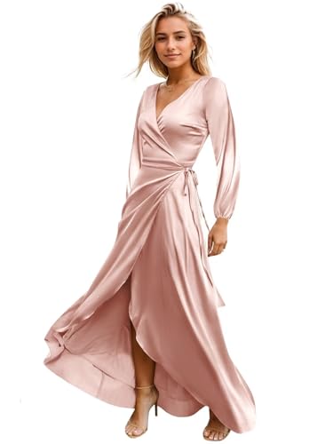 Long Sleeve Satin Bridesmaid Dresses for Women 2024 Wrap V Neck Wedding Guest Formal Evening Gown with Slit