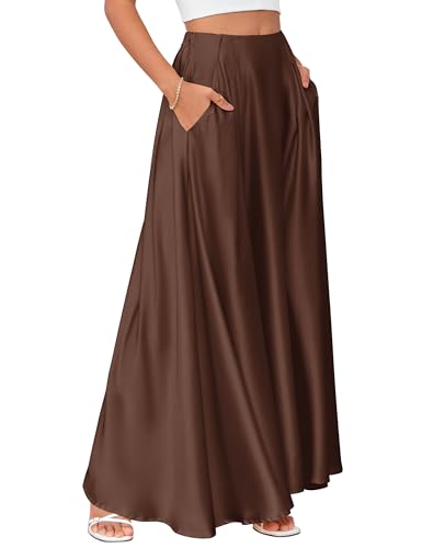 MAKABO Women's Maxi Satin Brown Skirts Summer, Long Flowy Skirt
