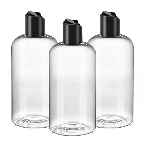 Image of 8 oz Clear Plastic Refillable Travel Shampoo and Conditioner Bottles with Black Disc Top Caps 3 Packs Empty Squeeze Bottles Cosmetic Containers for Lotions, Body Soap Cream