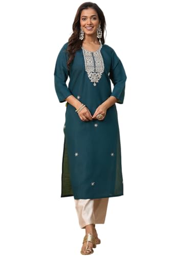 Image of Women's Silk Blend Embroidery Straight Kurta | Ethnic Kurtas for Women | Kurtis for Women Festive, Casual Office Wear Ethnic Kurta for Women