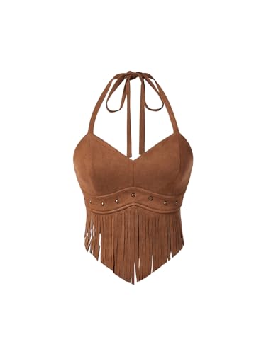 BEAUDRM Women's Y2K Fringe Western Tops Halter Tassel Cowgirl 70s Hippie Top Brown Medium