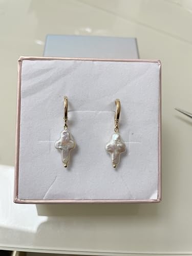 Nature Freshwater Pearl Cross Earrings Elegant Christian Pearl Jewelry, Beachy Pearl Jewelry, Cross Pearl Earrings, Baroque Pearl Earrings4