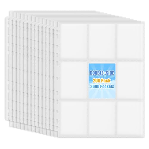 LOMONEH 9 Pocket Trading Card Sleeve Pages, 200 Pack Sports Card Binder Sleeves for Standard Size Cards, Double Sided Card Sleeves Binder Sheets Holds 3600 Cards, 11 Holes Fit 3 Ring Card Binders