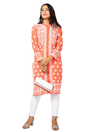 Image of FAWOMENT Women's Hand Embroidered Exclusive Rayon Kurta with Fine Lucknowi Chikankari Kurta Front Open Rose Kurta Women and Girl