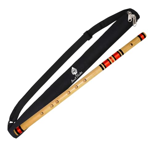 Image of A Sharp Medium Handcrafted Bamboo Flute Indian Classical Bansuri for Right Hand (7 Holes, 54.5 CM Length) (Orange Thread)