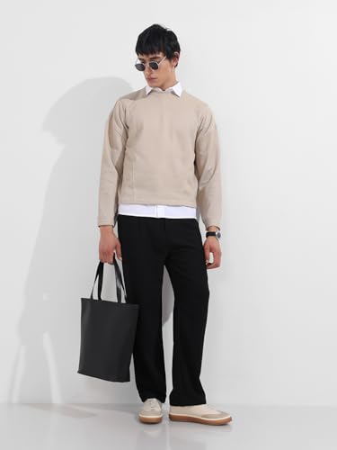 Image of The Indian Garage Co Men Boxy Textured Full Sleeves Crew Neck T-Shirt