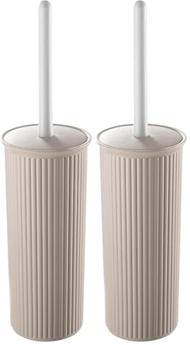 Image of Superio Ribbed Collection - Decorative Plastic Toilet Bowl Brush and Holder Set, Taupe (2 Pack) Cleaner Scrubber for Bathroom