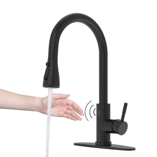 Black Touchless Faucet for Kitchen Sink: MSTJRY Smart Motion Sensor Activated Kitchen Faucet with Pull Down Sprayer - Hands-Free Single Handle Stainless Steel Sink Faucet 1/3 Hole Deck Plate