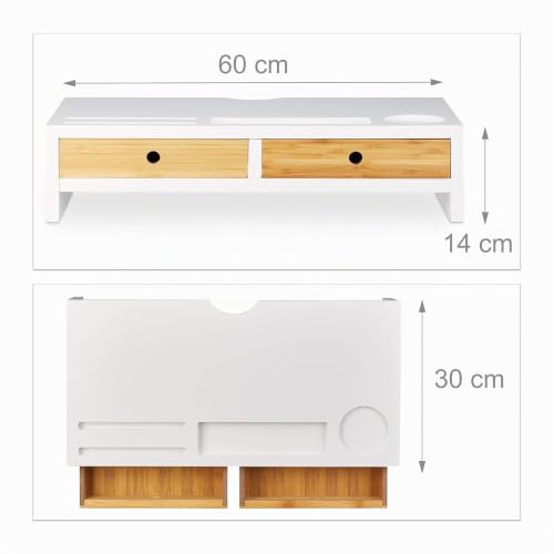Support moniteur bambou Relaxdays avec 2 tiroirs et compartiments blanc nature 14x60x30 cm