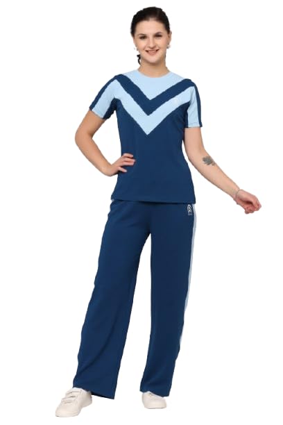 Image of Women's Cotton Blend Athletic Tracksuit - Round Neck Pullover Top & Bottom Set for Women and Girls | Sportswear & Loungewear Co-ord Set