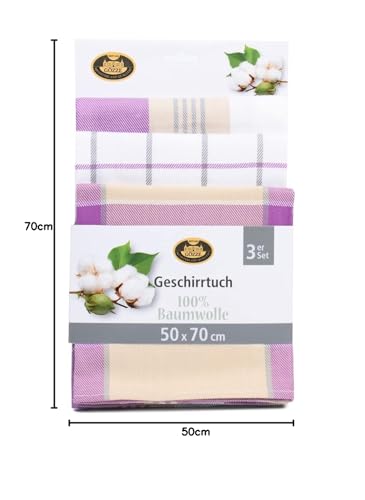 Gözze - Geschirrtuch-Set, 3-teilig, 100% Baumwolle, hohe Materialdichte (260 g/m²), 50 x 70 cm - Flieder