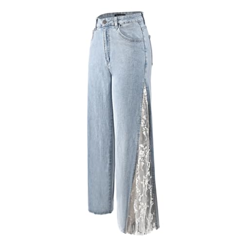 Women High Waisted Jeans Straight Wide Leg Pants Causal Patchwork Denim Pants with Lace4
