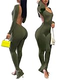 Bodycon Jumpsuits for Women Sexy Backless Rompers Long Sleeve Scoop Neck Stacked Split High Wasited One Piece Outfits Pants Catsuits Army Green XL